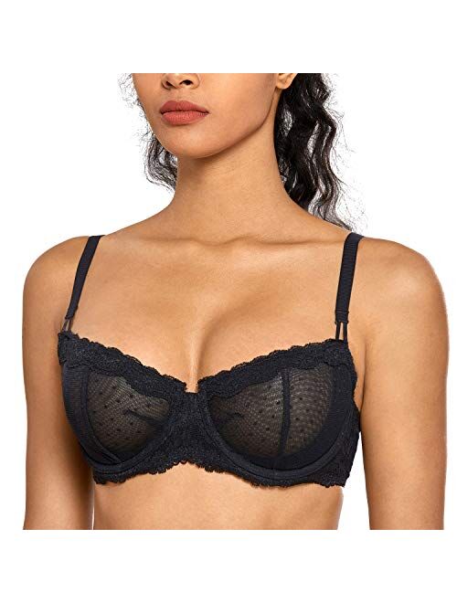 DOBREVA Women's Sexy Lace Unlined Underwire Balconette See Through Sheer Bra