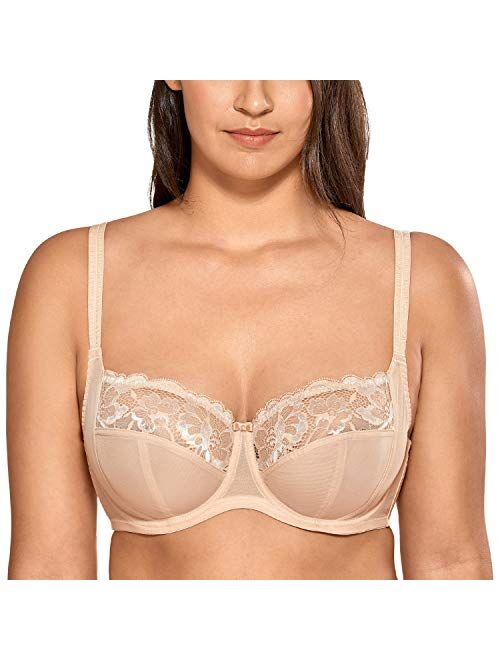 DELIMIRA Women's Non Padded Floral Lace Underwire Balconette Bra Plus Size