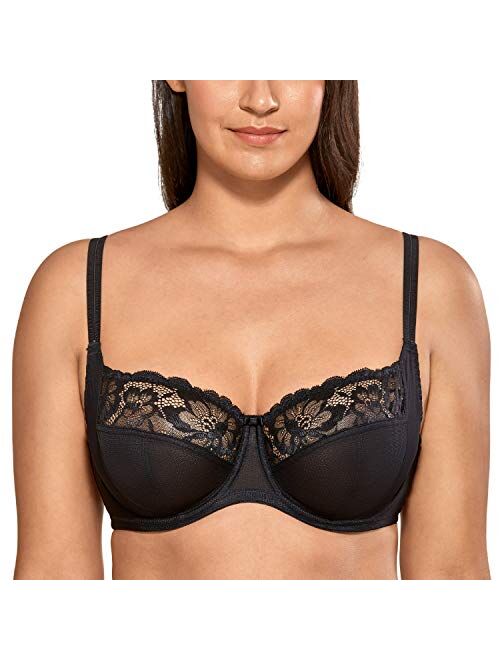 DELIMIRA Women's Non Padded Floral Lace Underwire Balconette Bra Plus Size