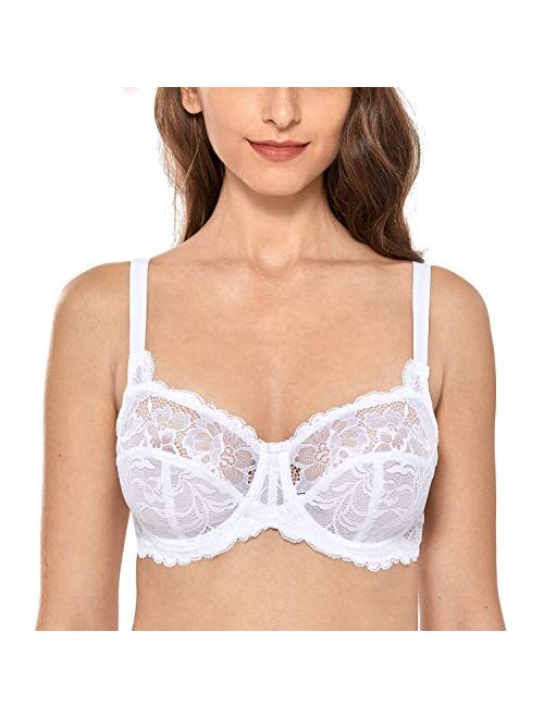 DELIMIRA Women's Sheer Lace Balconette Unlined Underwire Plus Size Bra