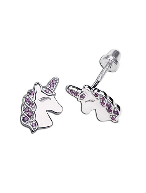 Children's Sterling Silver Unicorn Earrings with Screw Backs and Sparkling CZs for Girls