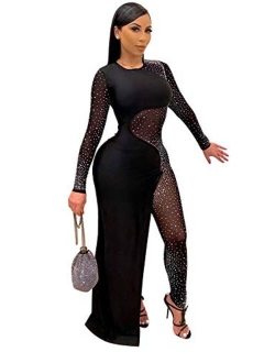 OLUOLIN Women's Sexy See Through Mesh Sequin Glitter V Neck Split Floor Length Sleeve Backless Wide Leg Pants Jumpsuit