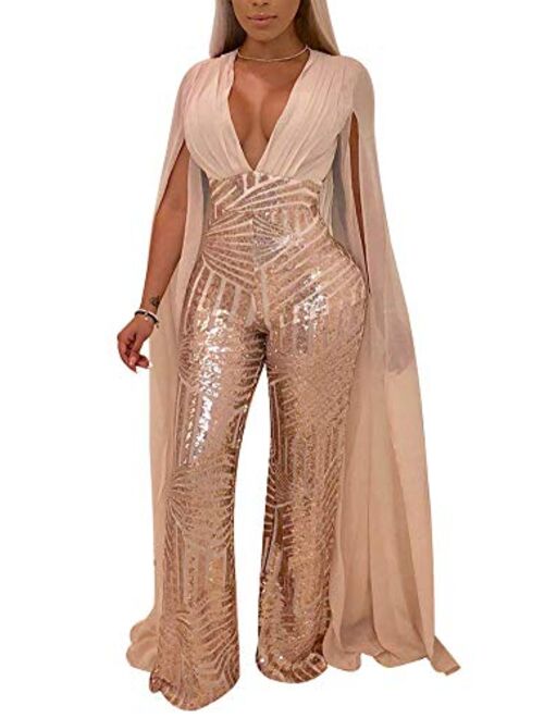 OLUOLIN Women's Sexy See Through Mesh Sequin Glitter V Neck Split Floor Length Sleeve Backless Wide Leg Pants Jumpsuit