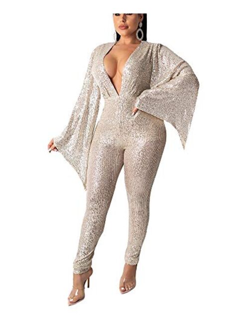 OLUOLIN Women's Sexy See Through Mesh Sequin Glitter V Neck Split Floor Length Sleeve Backless Wide Leg Pants Jumpsuit