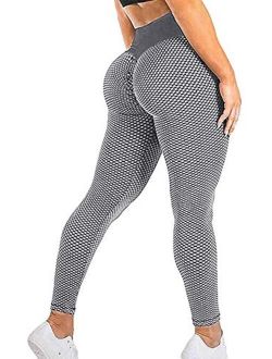 Buy Seasum Womens Ribbed Yoga Active Leggings - High Waist Workout Butt  Push Up Pants Sports Textured Stretchy Tights online
