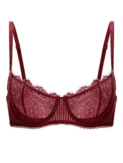 DOBREVA Women's Sexy Lace Push Up Plus Size Bra Sheer Balconette Underwire Unlined