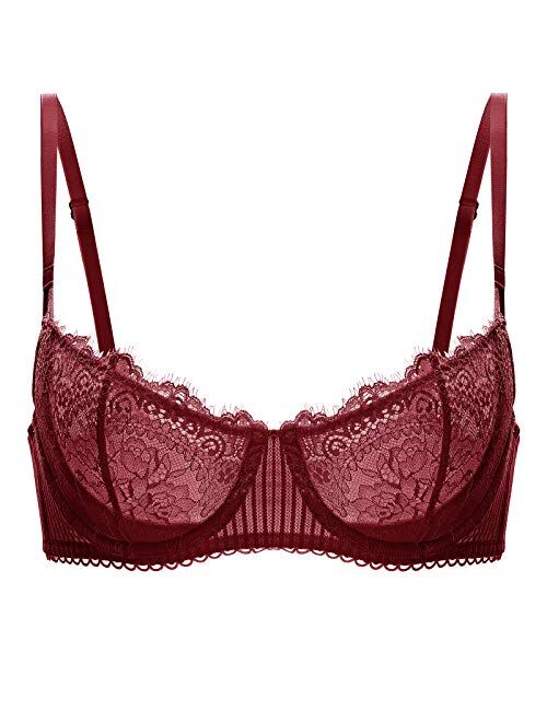 DOBREVA Women's Sexy Lace Push Up Plus Size Bra Sheer Balconette Underwire Unlined