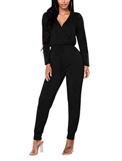 Fixmatti Women Velvet Deep V Neck Twist Knot Bodycon Flared Pant Jumpsuits