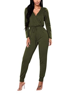 Fixmatti Women Velvet Deep V Neck Twist Knot Bodycon Flared Pant Jumpsuits