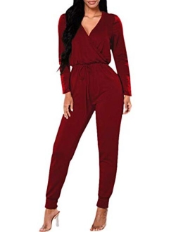 Fixmatti Women Velvet Deep V Neck Twist Knot Bodycon Flared Pant Jumpsuits