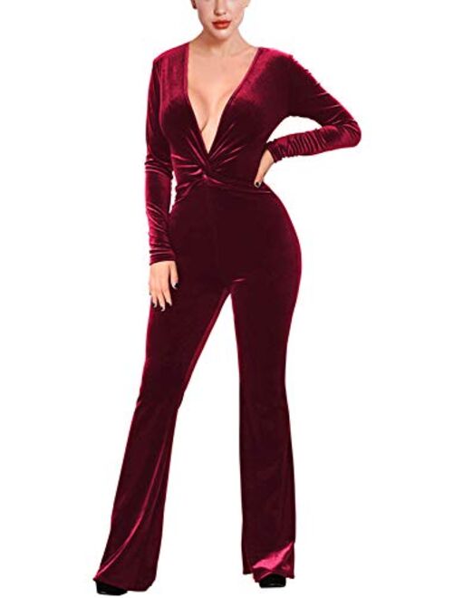 Fixmatti Women Velvet Deep V Neck Twist Knot Bodycon Flared Pant Jumpsuits