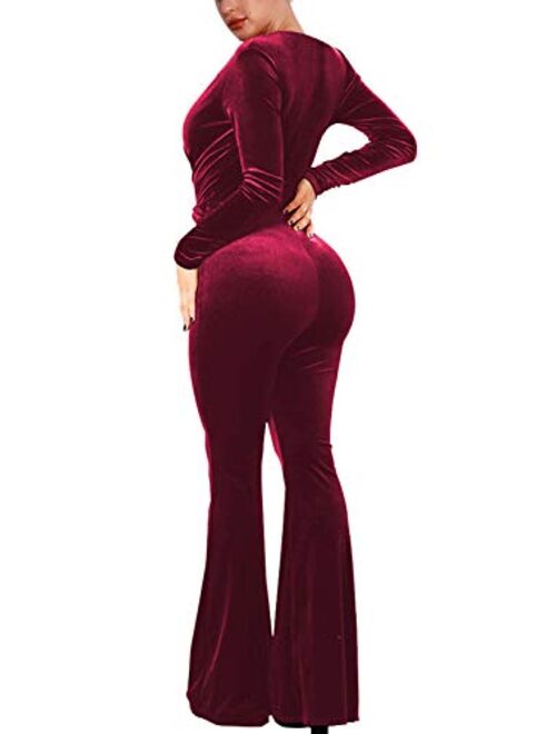 Fixmatti Women Velvet Deep V Neck Twist Knot Bodycon Flared Pant Jumpsuits