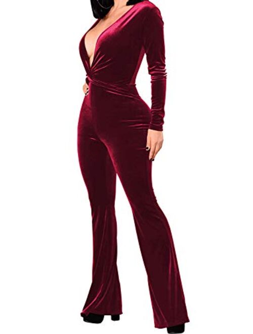 Fixmatti Women Velvet Deep V Neck Twist Knot Bodycon Flared Pant Jumpsuits