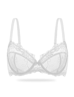 Wingslove Women's Sexy Lace Bra Non Padded Embroidered Unlined Underwire Balconette Bra Plus Size