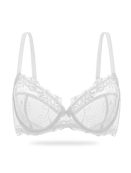 Wingslove Women's Sexy Lace Bra Non Padded Embroidered Unlined Underwire Balconette Bra Plus Size