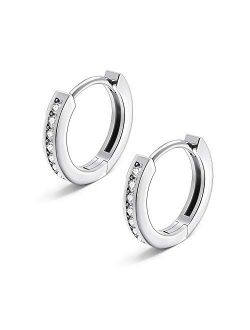 Small Huggie Hoop Earrings for Women 10mm - 14K White Gold Plated Cubic Zirconia Cuff Hoop Earrings 925 Sterling Silver Post Hypoallergenic Cartilage Earring for Women Gi