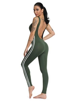 Women Stripe Bodysuit Sleevesless Sport One-Piece Backless Sexy Slimming Bodycon Rompers Jumpsuit