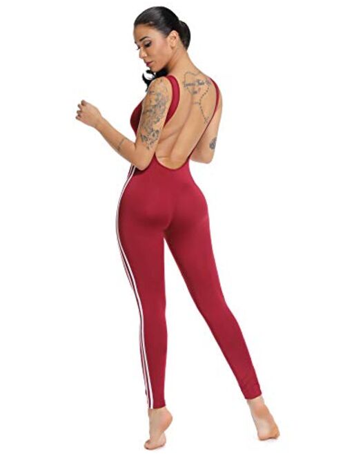 SEASUM Women Stripe Bodysuit Sleevesless Sport One-Piece Backless Sexy Slimming Bodycon Rompers Jumpsuit