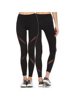 Women's Mesh Insert Workout Leggings Stretchy Skinny Sheer Yoga Tights Activewear