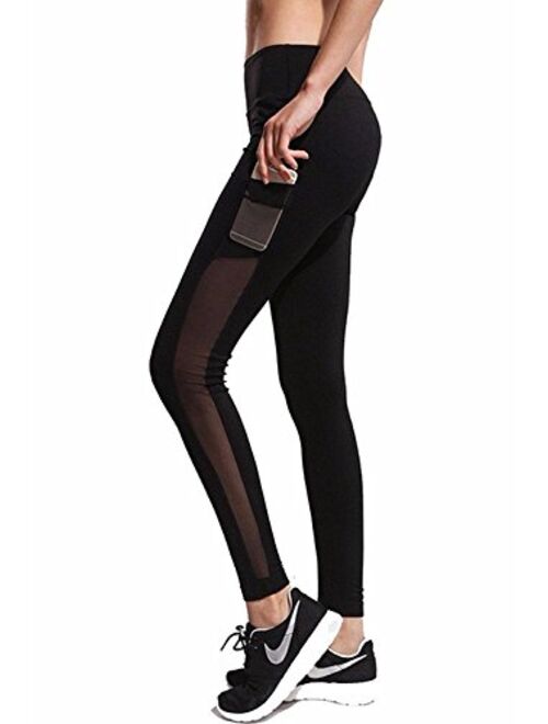 SEASUM Women's Mesh Insert Workout Leggings Stretchy Skinny Sheer Yoga Tights Activewear