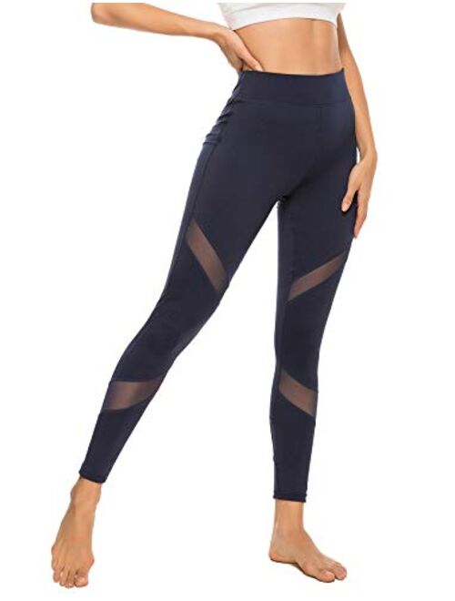 SEASUM Women's Mesh Insert Workout Leggings Stretchy Skinny Sheer Yoga Tights Activewear