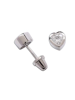 Girls' Sterling Silver CZ Simulated Birthstone Heart Earrings with Screw Back (6mm)