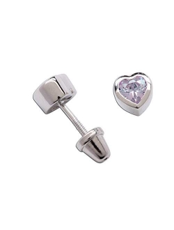 Girls' Sterling Silver CZ Simulated Birthstone Heart Earrings with Screw Back (6mm)