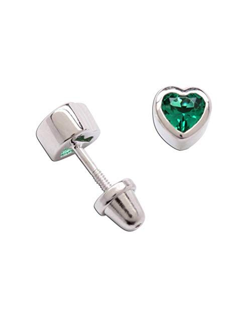 Girls' Sterling Silver CZ Simulated Birthstone Heart Earrings with Screw Back (6mm)