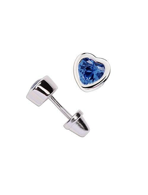 Girls' Sterling Silver CZ Simulated Birthstone Heart Earrings with Screw Back (6mm)