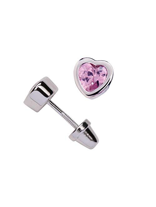 Girls' Sterling Silver CZ Simulated Birthstone Heart Earrings with Screw Back (6mm)