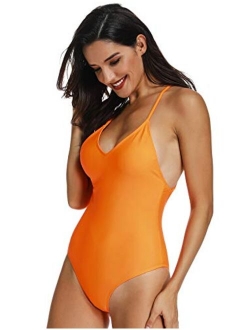 Women Sexy One Piece Swimsuit High Cut Backless Criss Cross Low Back Bathing Suit