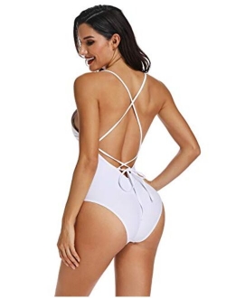 Women Sexy One Piece Swimsuit High Cut Backless Criss Cross Low Back Bathing Suit