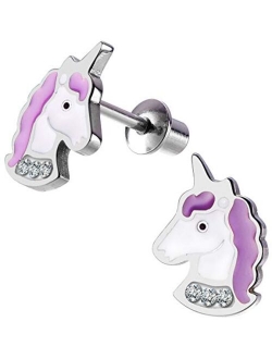 Unicorn Stud Hypoallergenic Earrings Pink Purple with Secure Screwback for Kids, Toddlers, Little Girls, Baby Girls, Stainless Steel Ultra Sensitive Screw Back Post Earri