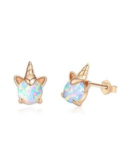 Rose Gold Unicorn Earrings for Girls, Hypoallergenic S925 Sterling Silver Stud Earrings ARSKRO Fire Opal Mini Tiny Cute Animal Earring Jewelry Gifts for Kids