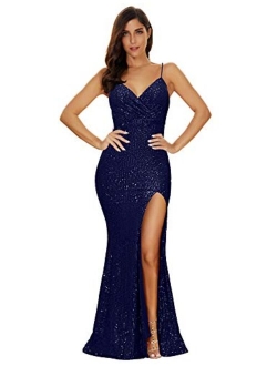 Women's Split Side Sparkling Sequins Straps Maxi Long Evening Prom Dress