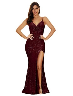 Women's Split Side Sparkling Sequins Straps Maxi Long Evening Prom Dress