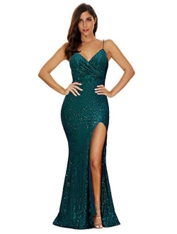 Women's Split Side Sparkling Sequins Straps Maxi Long Evening Prom Dress