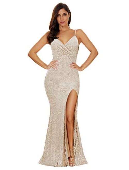 Women's Split Side Sparkling Sequins Straps Maxi Long Evening Prom Dress