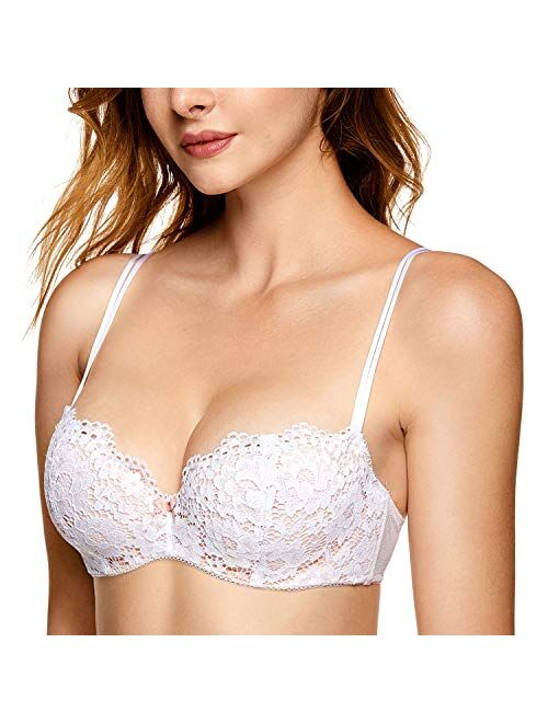 DOBREVA Women's Lace Balconette Bra Plus Size Padded Underwire Demi