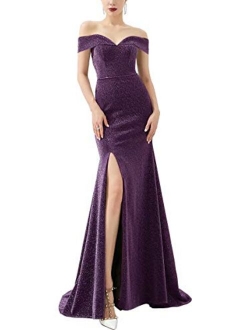 LanierWedding Women's Off Shoulder Thigh High Slit Gown