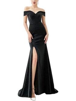 LanierWedding Women's Off Shoulder Thigh High Slit Gown