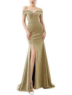 LanierWedding Women's Off Shoulder Thigh High Slit Gown