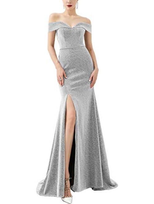 LanierWedding Women's Off Shoulder Thigh High Slit Gown