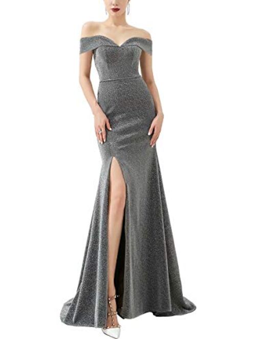 LanierWedding Women's Off Shoulder Thigh High Slit Gown