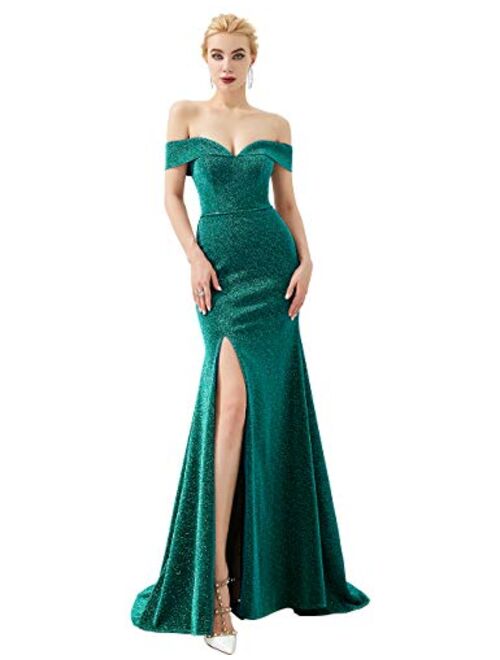 LanierWedding Women's Off Shoulder Thigh High Slit Gown