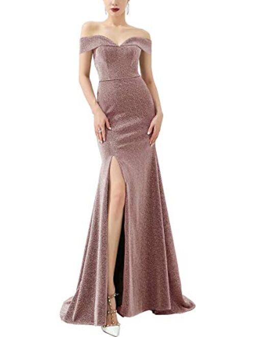 LanierWedding Women's Off Shoulder Thigh High Slit Gown