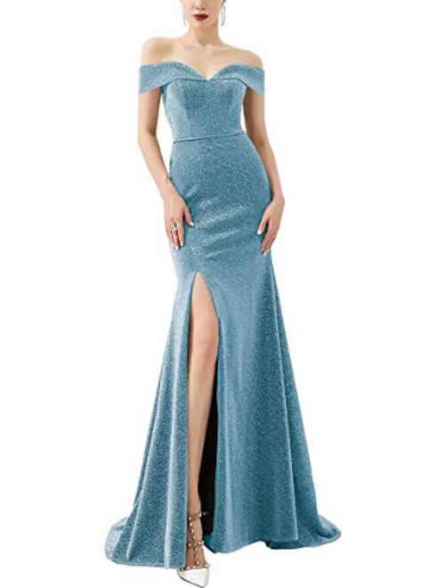 LanierWedding Women's Off Shoulder Thigh High Slit Gown