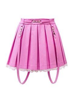 Women's A-Line Pleated Faux Leather Flared Casual Lace Trim Mini Skirts - Troublemaker