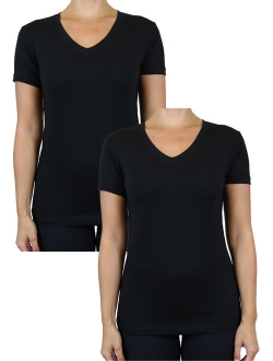 Womens V-Neck Cotton Stretch Short Sleeve Tees (2-Pack)