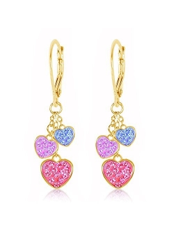 Kids Earrings - White Gold Tone Hearts Pink Crystal Earrings with Silver Leverbacks Baby, Girls, Children